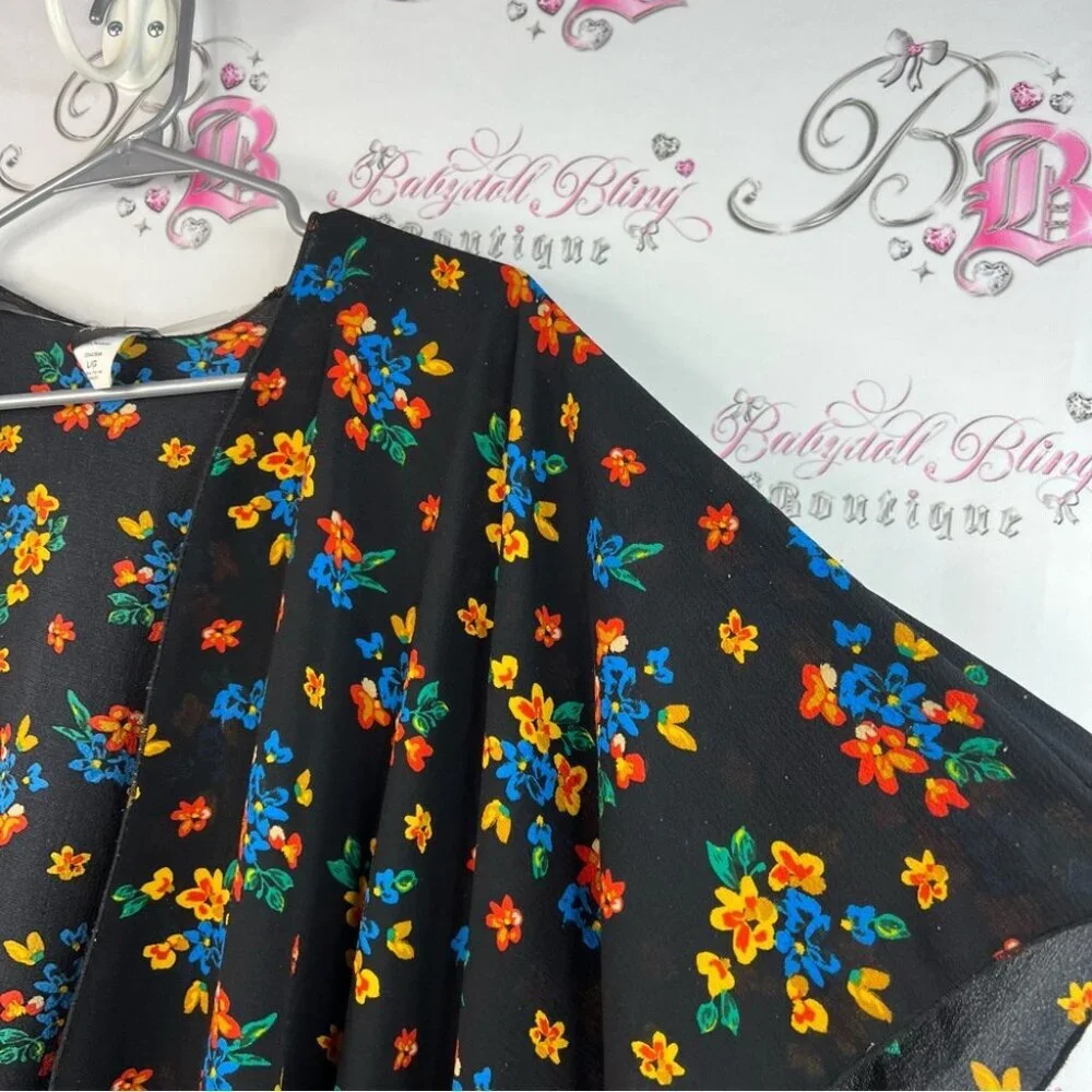 Cover Me cardigan long style flowers Floral Kimono orange blue yellow Black